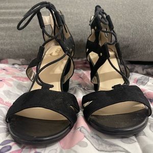 Worn once or twice. Black Suede Tie Ankle Heels